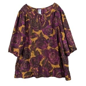 JMS Just My Sz Blouse Womens 3X Purple Floral Keyhole Boho Cottagecore Lagenlook